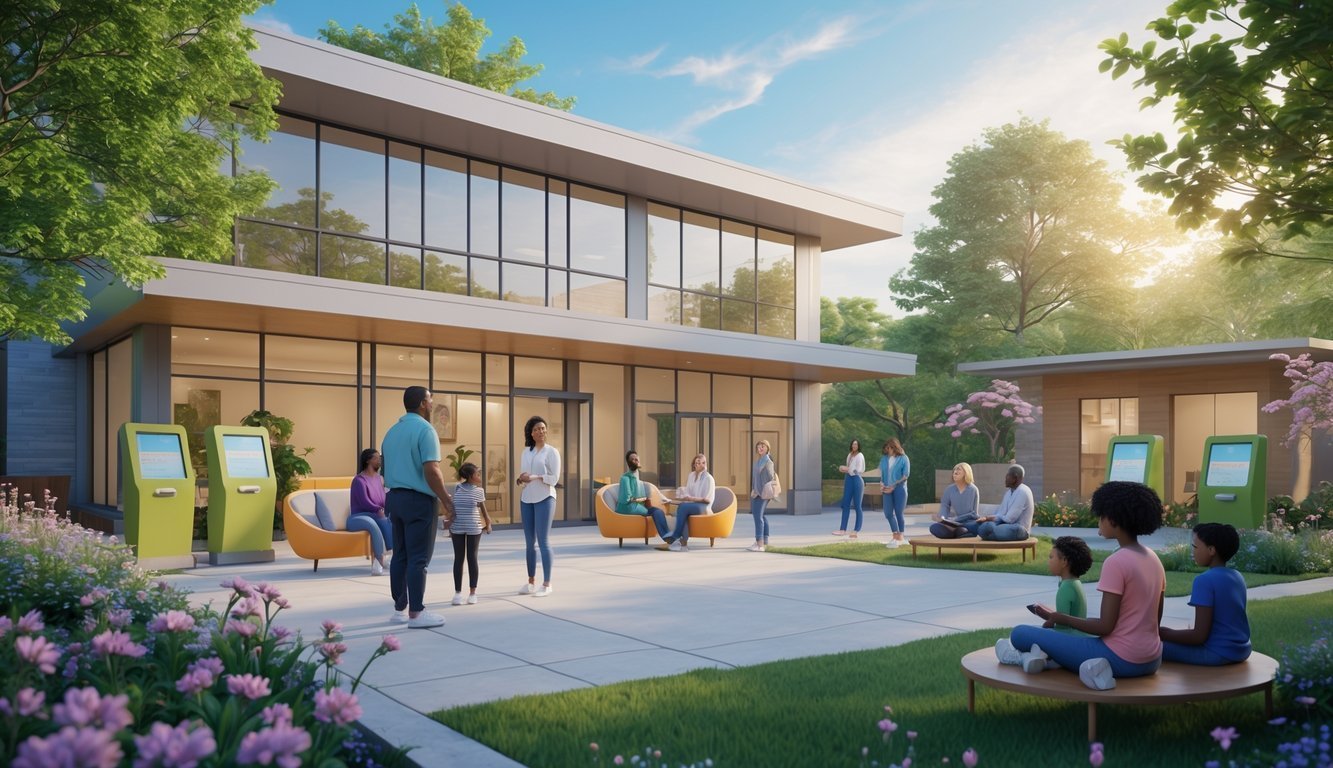 A modern mental health center surrounded by greenery with people engaging in supportive activities outdoors.