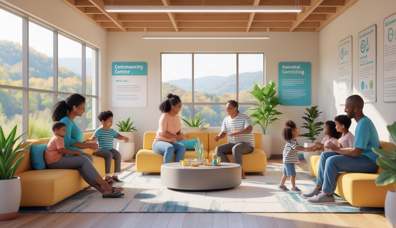 A community center where families receive support for substance use and mental health, with people interacting in a bright, welcoming space.