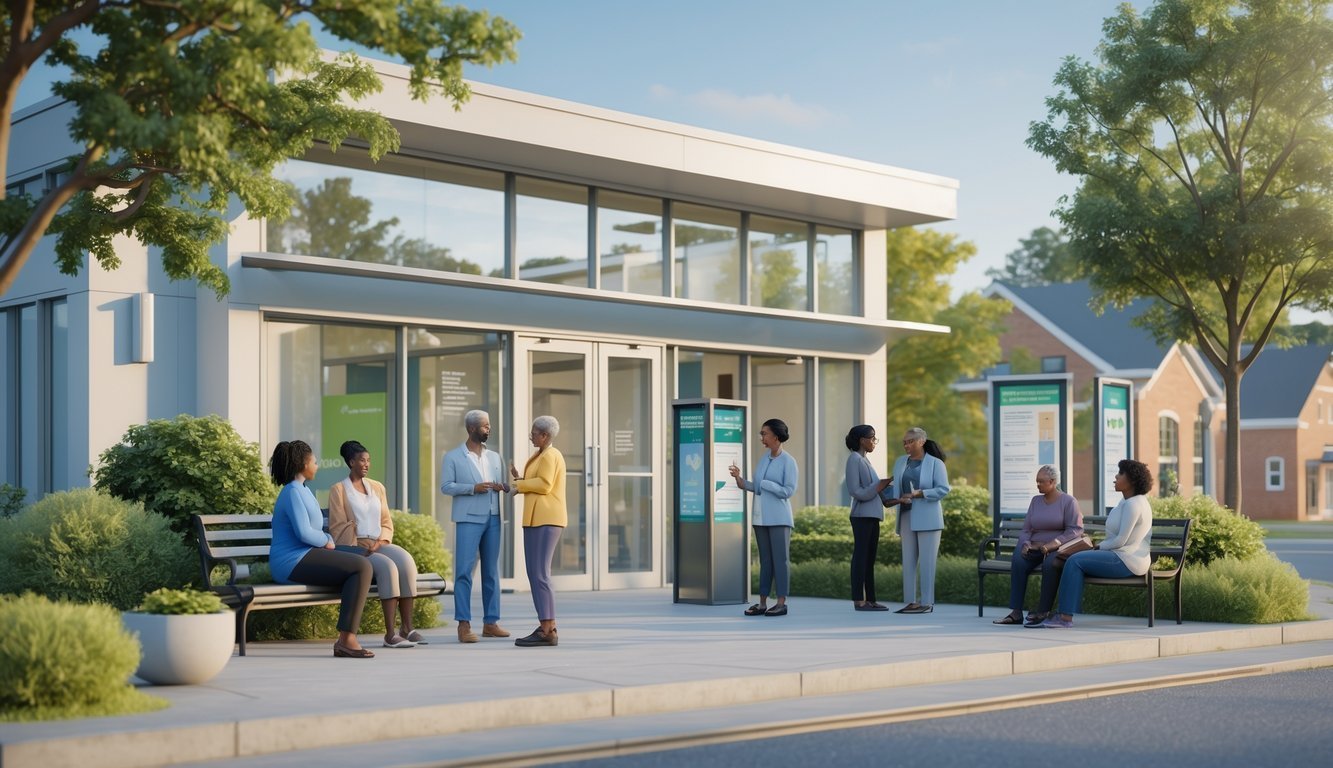 A community mental health center with diverse people interacting outdoors in a peaceful neighborhood setting.