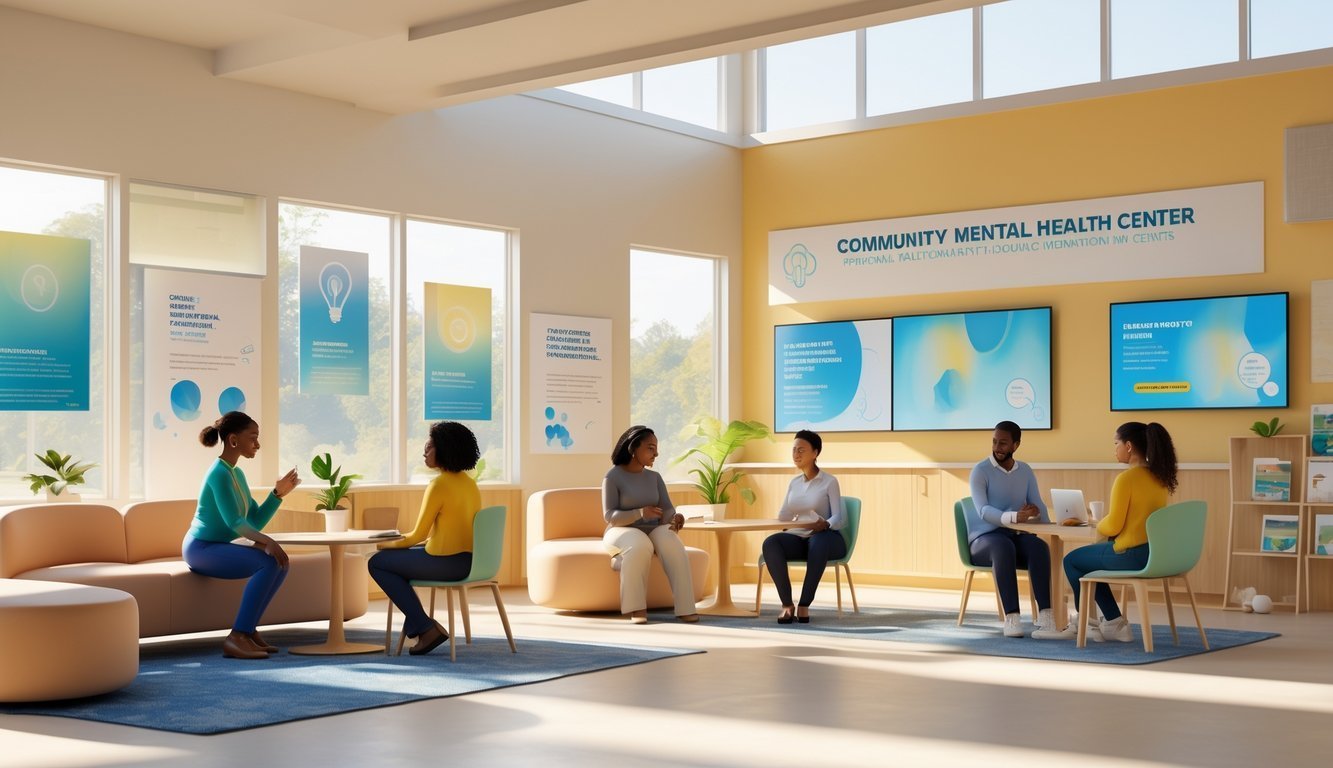 A bright and welcoming mental health center with people talking to counselors and using therapy spaces in a supportive environment.