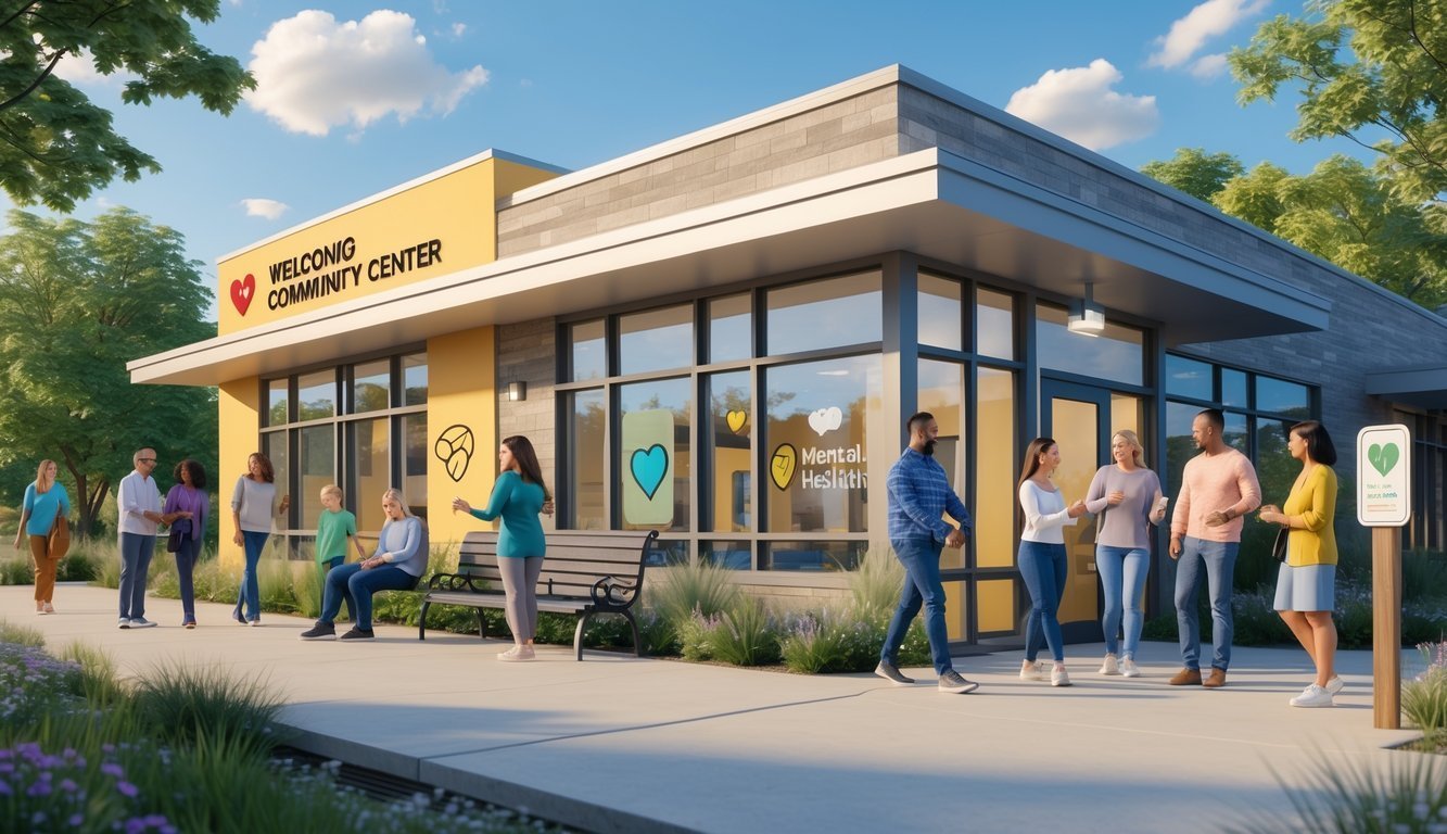 A community center in Wisconsin with diverse people interacting positively outside, surrounded by greenery under a clear sky.
