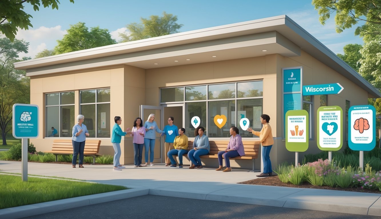 A community mental health center with people outside engaging in supportive activities in a peaceful outdoor setting.