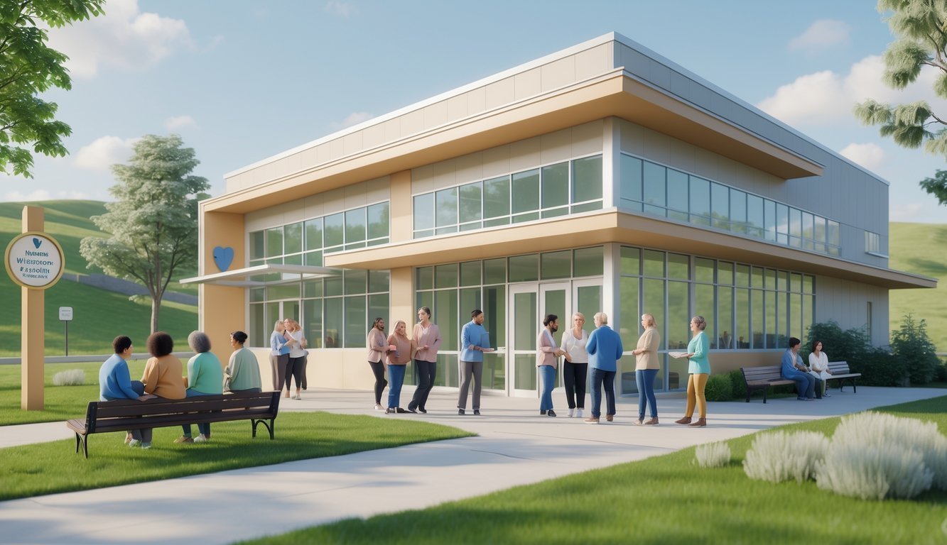 A community mental health center with diverse people interacting outdoors in a peaceful, green setting in Wisconsin.