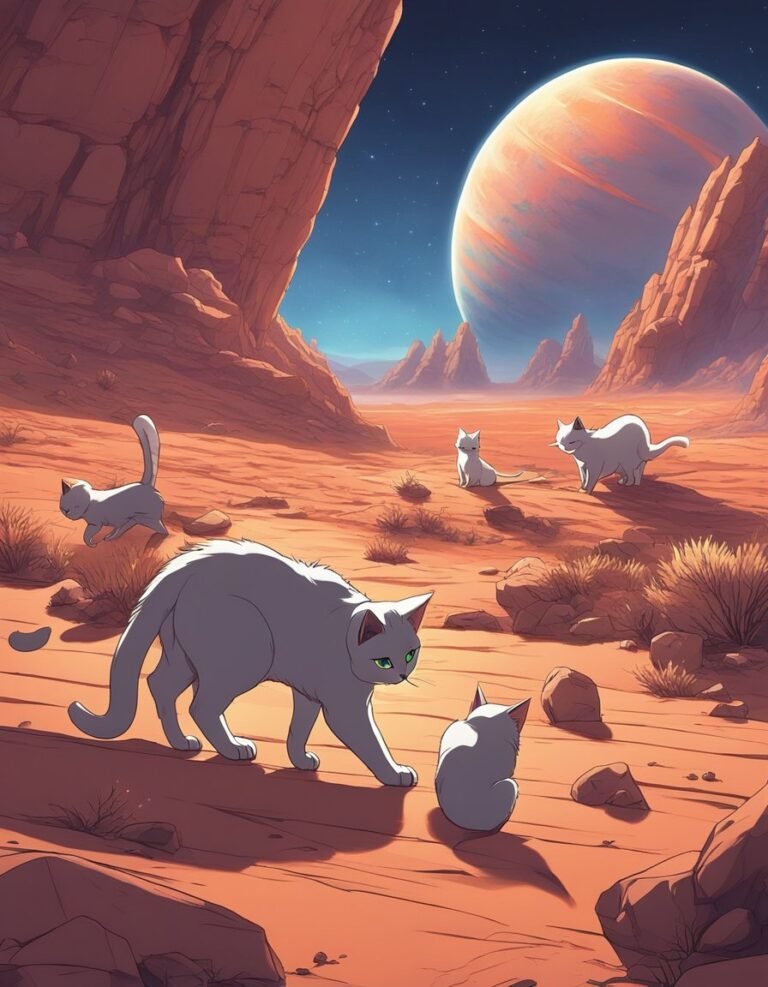 Cats exploring a desert-like alien planet with large moon.