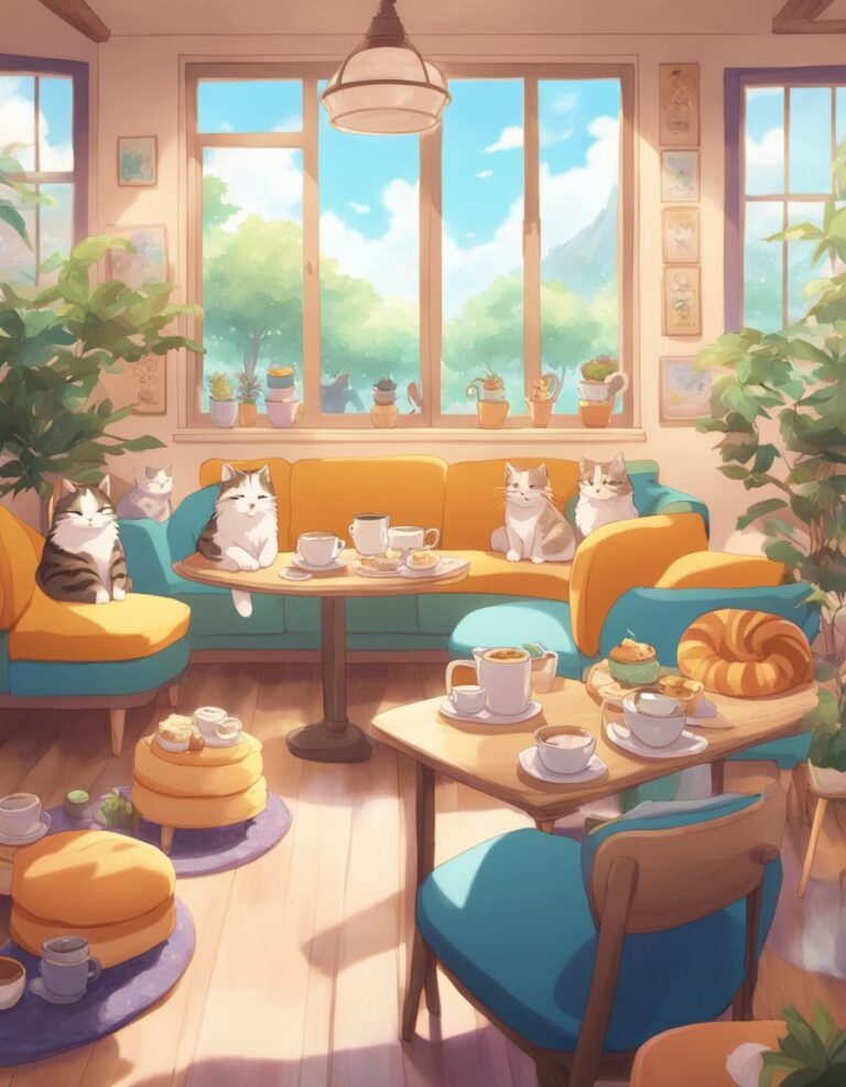 Cats lounging in sunny, plant-filled cafe with pastries.