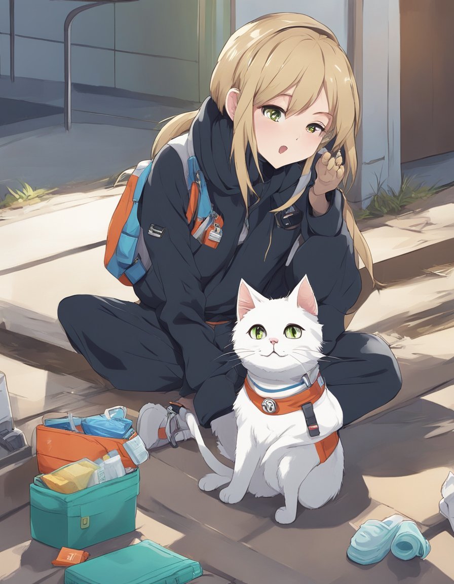 Girl crouches beside white cat, backpacks scattered around.