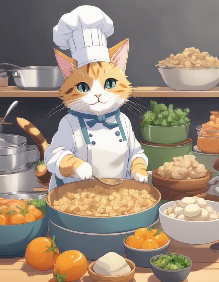 Chef cat preparing food in a professional kitchen.