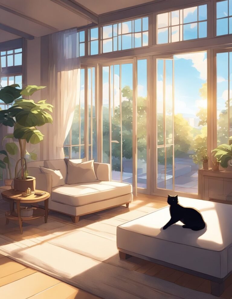 Sunny room with large windows, sofa, and black cat.