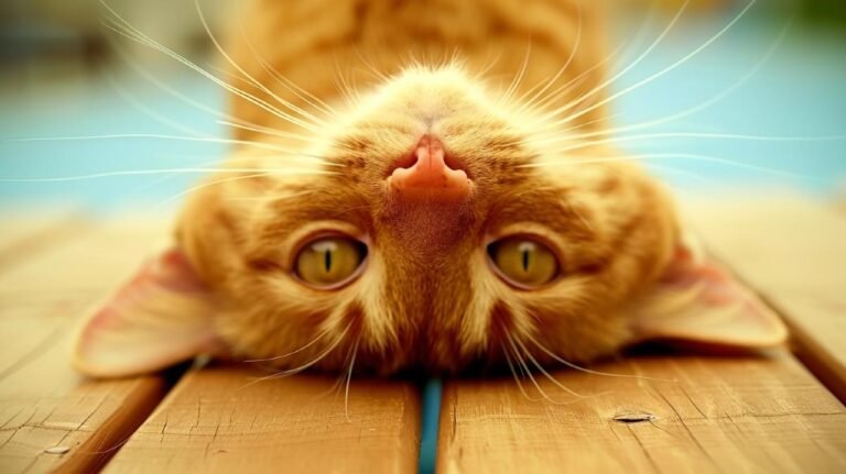 Upside-down ginger cat on wooden floor.