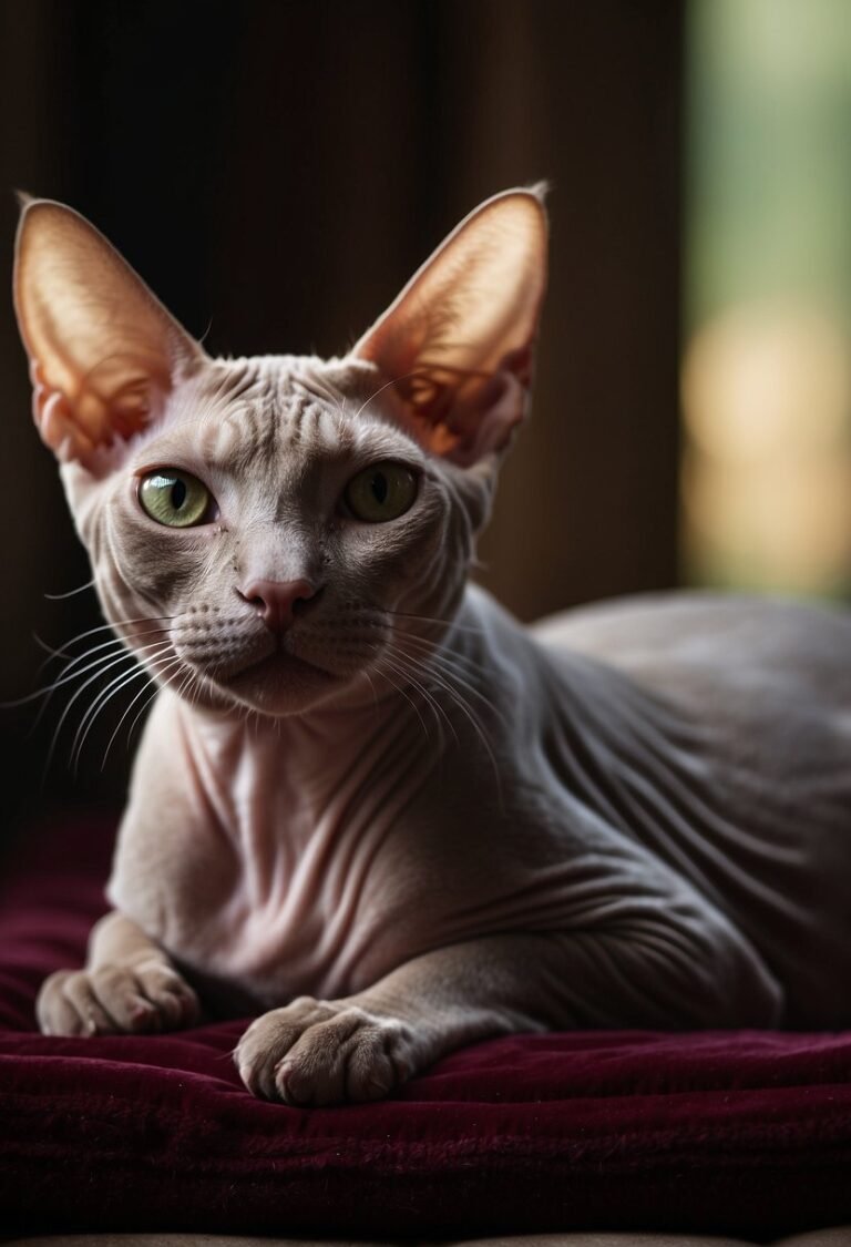 Sphinx cat poses majestically on red cushion.