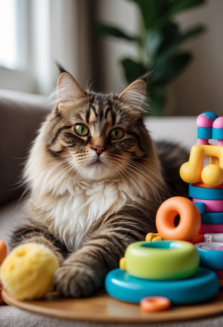 Maine Coon cat with colorful toys.