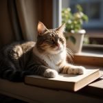 Tabby cat relaxing on book in sunny window.