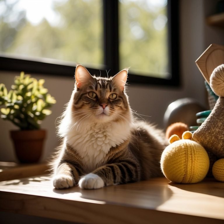 Majestic Maine Coon cat lounging in sunlit room.