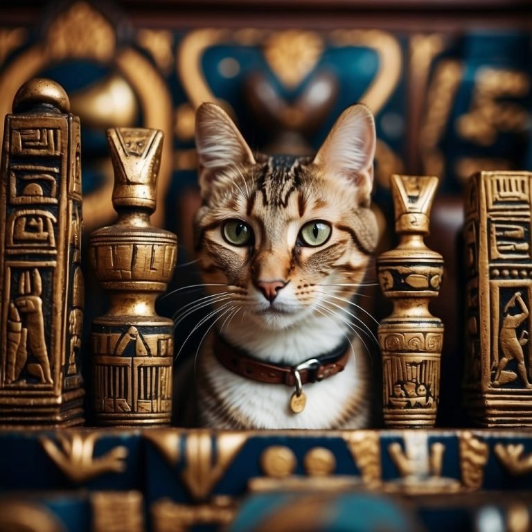 Tabby cat surrounded by intricate Egyptian hieroglyphics.