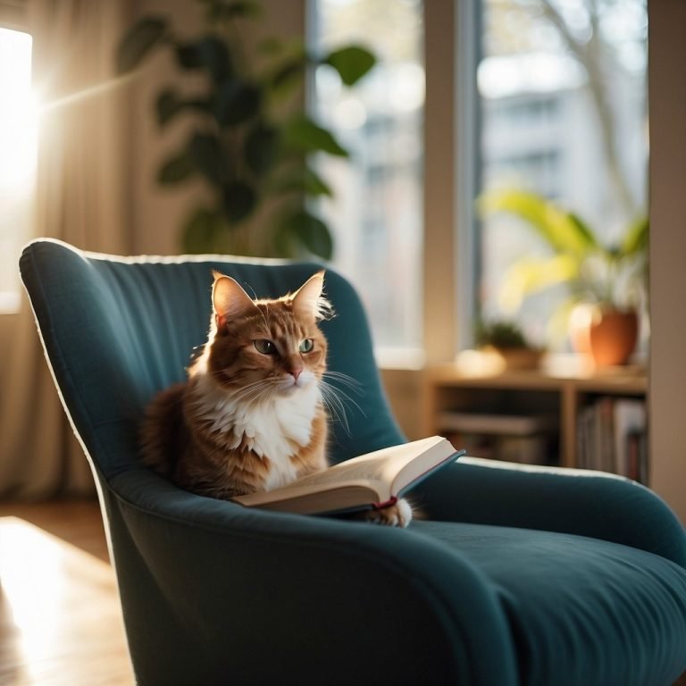 Cat reads book on sunlit blue armchair.