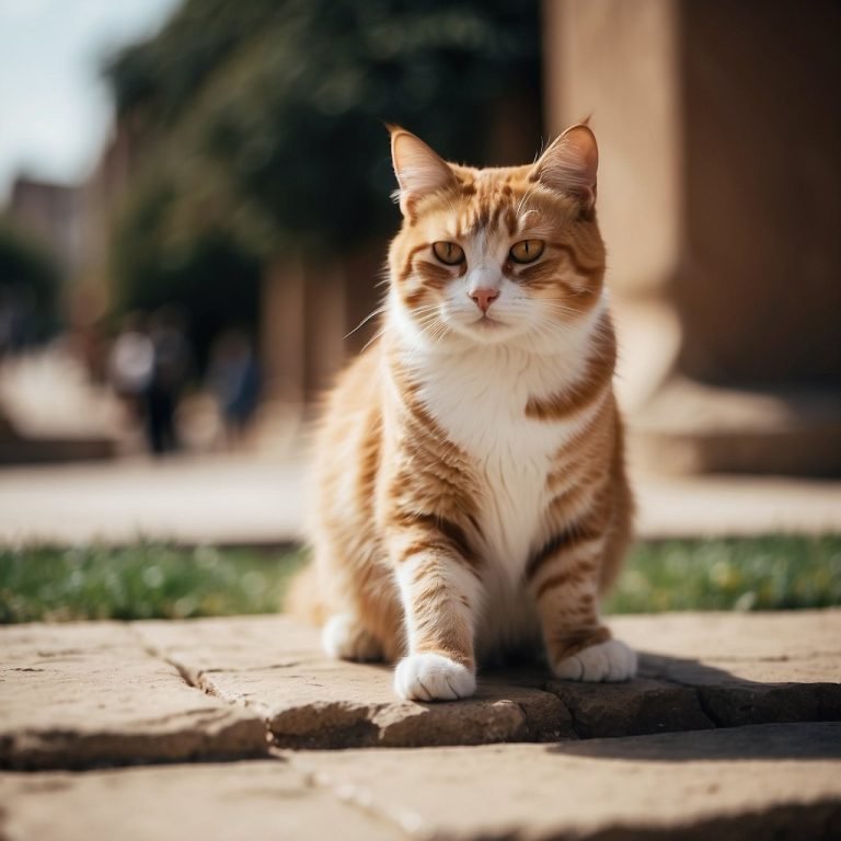 Orange and white cat sitting outdoors on cobblestones.