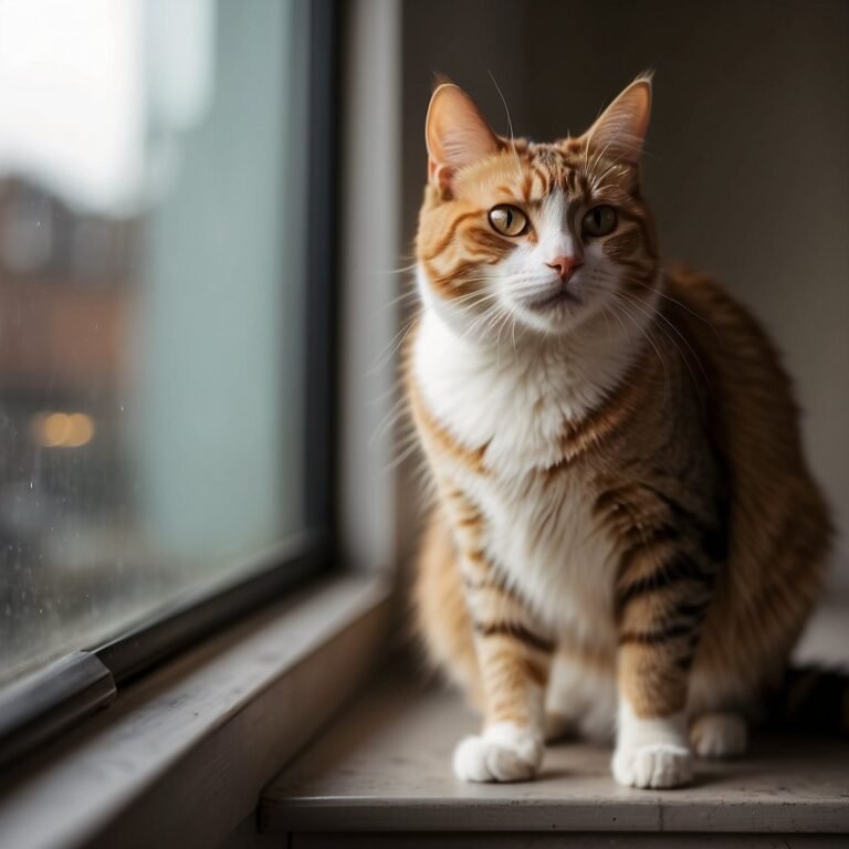 Orange tabby cat sits by window, contemplative gaze.