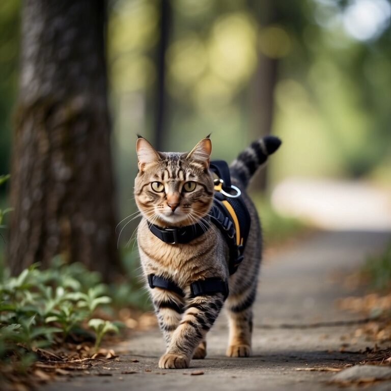 Tabby cat in harness walking on pathway.