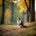 Cat on forest path with autumn leaves.