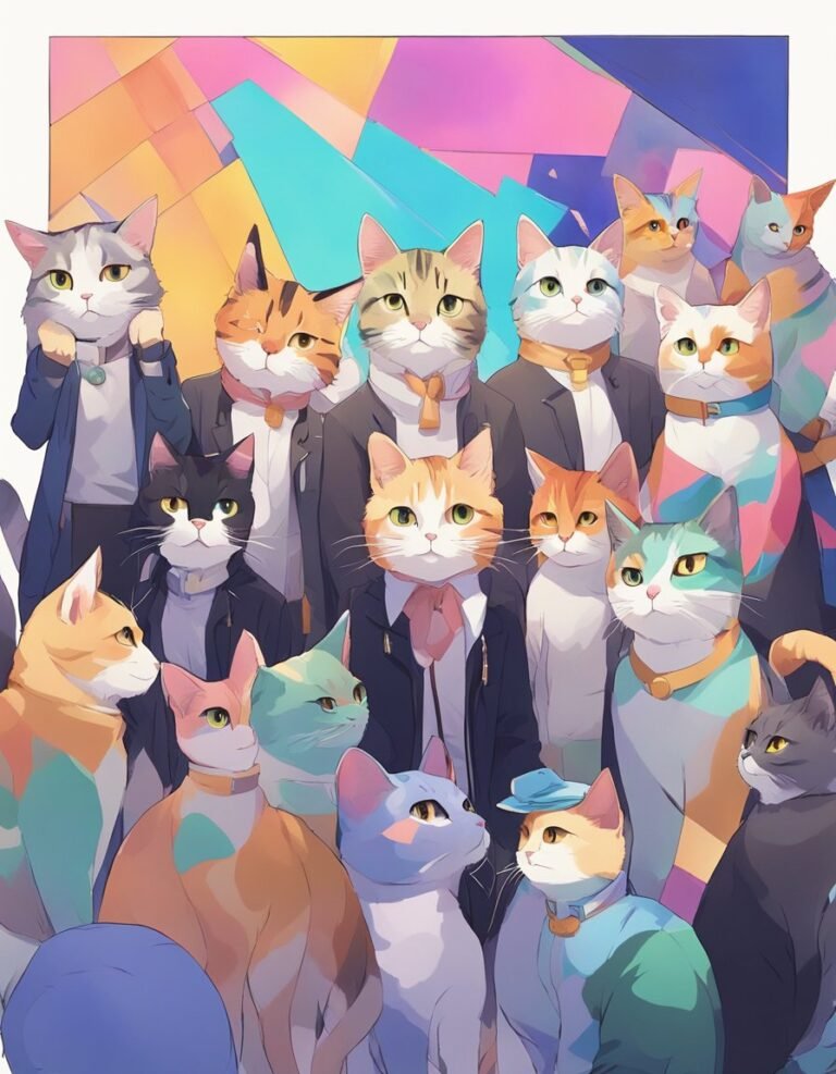 Colorful illustration of diverse cats in formal attire.