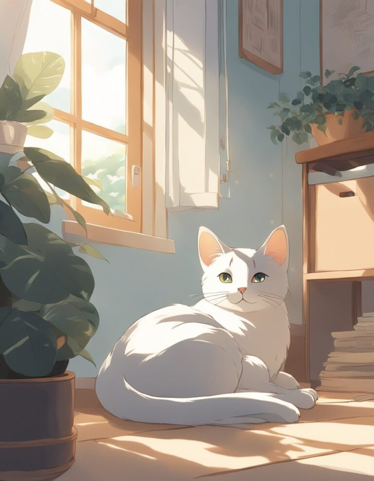 White cat basking in sunlit cozy room.