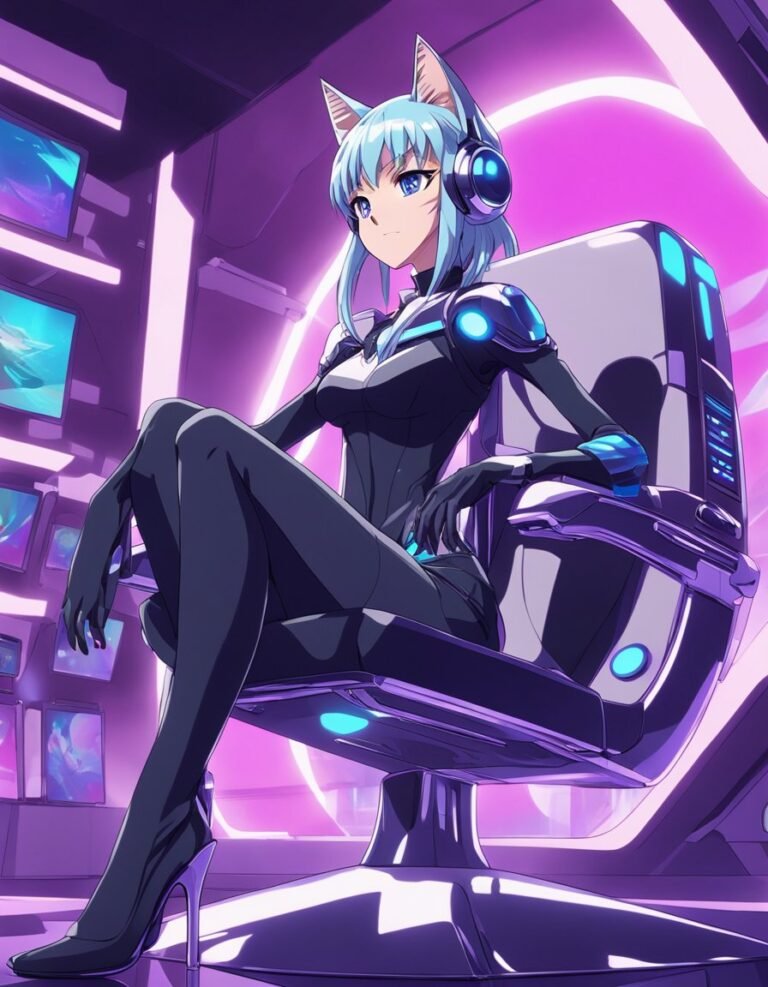 Futuristic cat-eared girl in cybernetic suit sitting on chair.