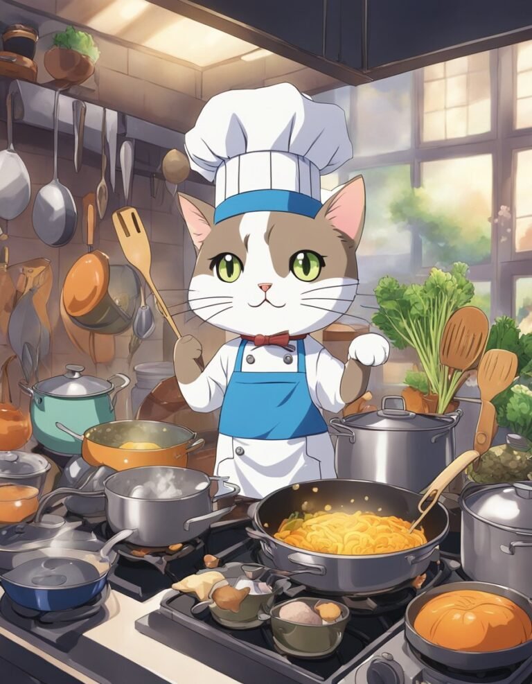 Cat chef cooking in a bustling kitchen.