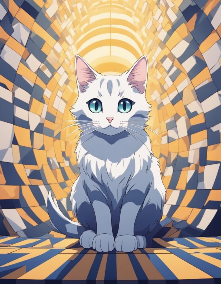 Animated gray and white cat against geometric backdrop.