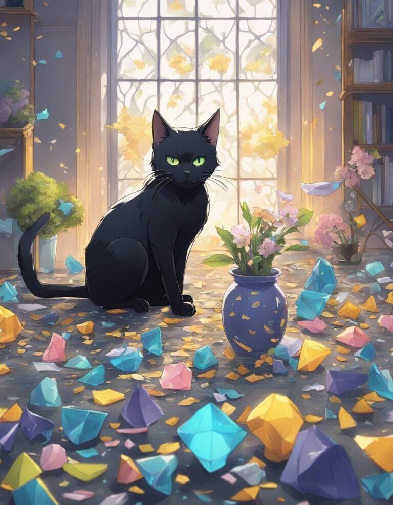 Black cat with colorful crystals in sunlit room.