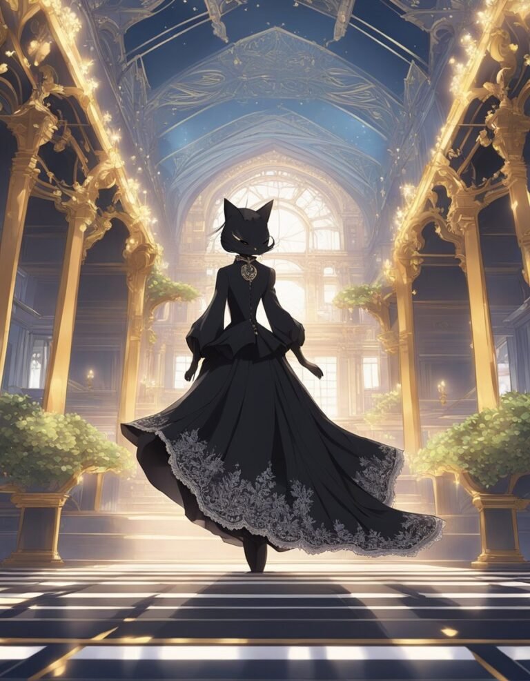 Elegant cat character in sunlit grandiose hall.