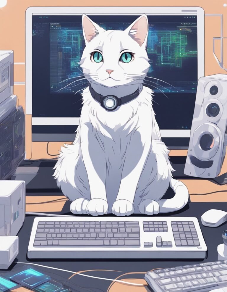 White cat with futuristic collar at computer workspace.