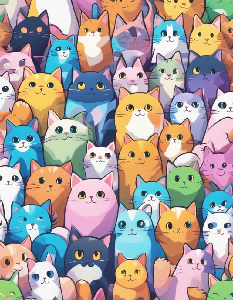 Colorful cartoon cats in varied expressions and hues.