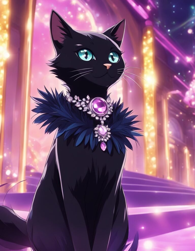 Black cat wearing jeweled collar, mystical purple background.