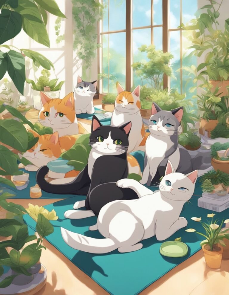 Cats lounging in sunny, plant-filled room.