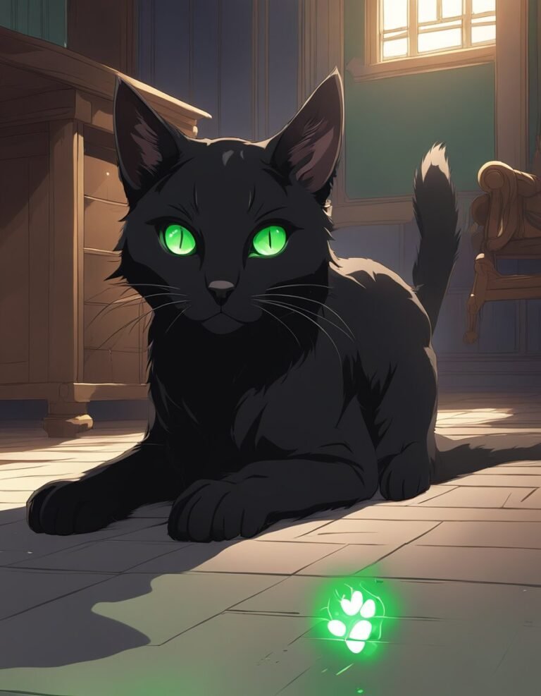 Black cat with glowing green eyes indoors.