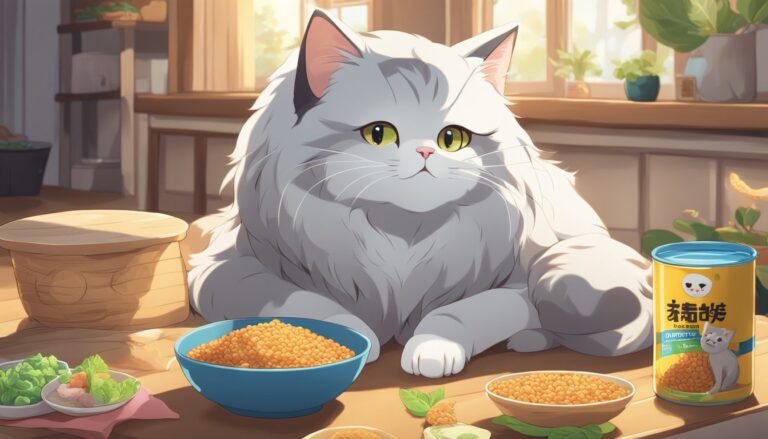 Fluffy cat near bowls of food in sunny kitchen.