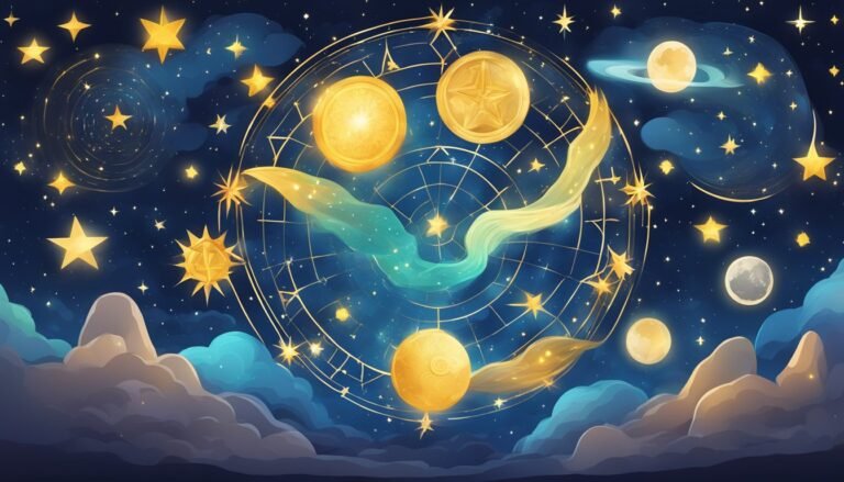 Celestial bodies and zodiac symbols in mystical night sky.