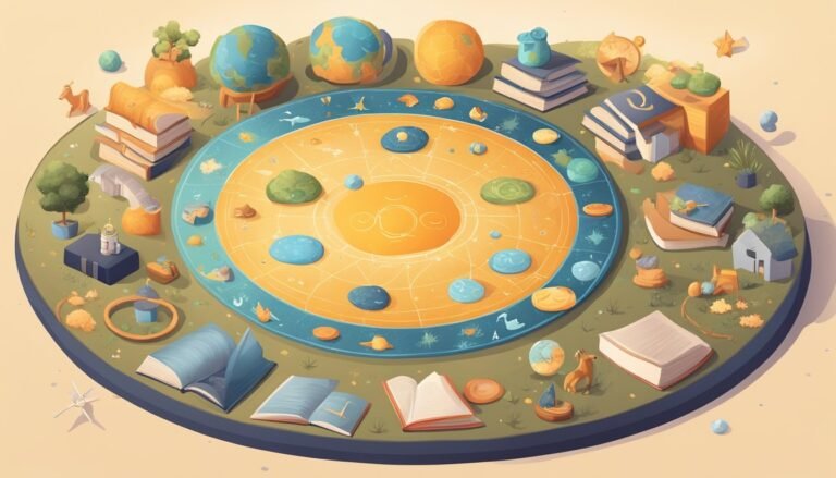 Illustration of educational-themed, whimsical celestial bodies and books.