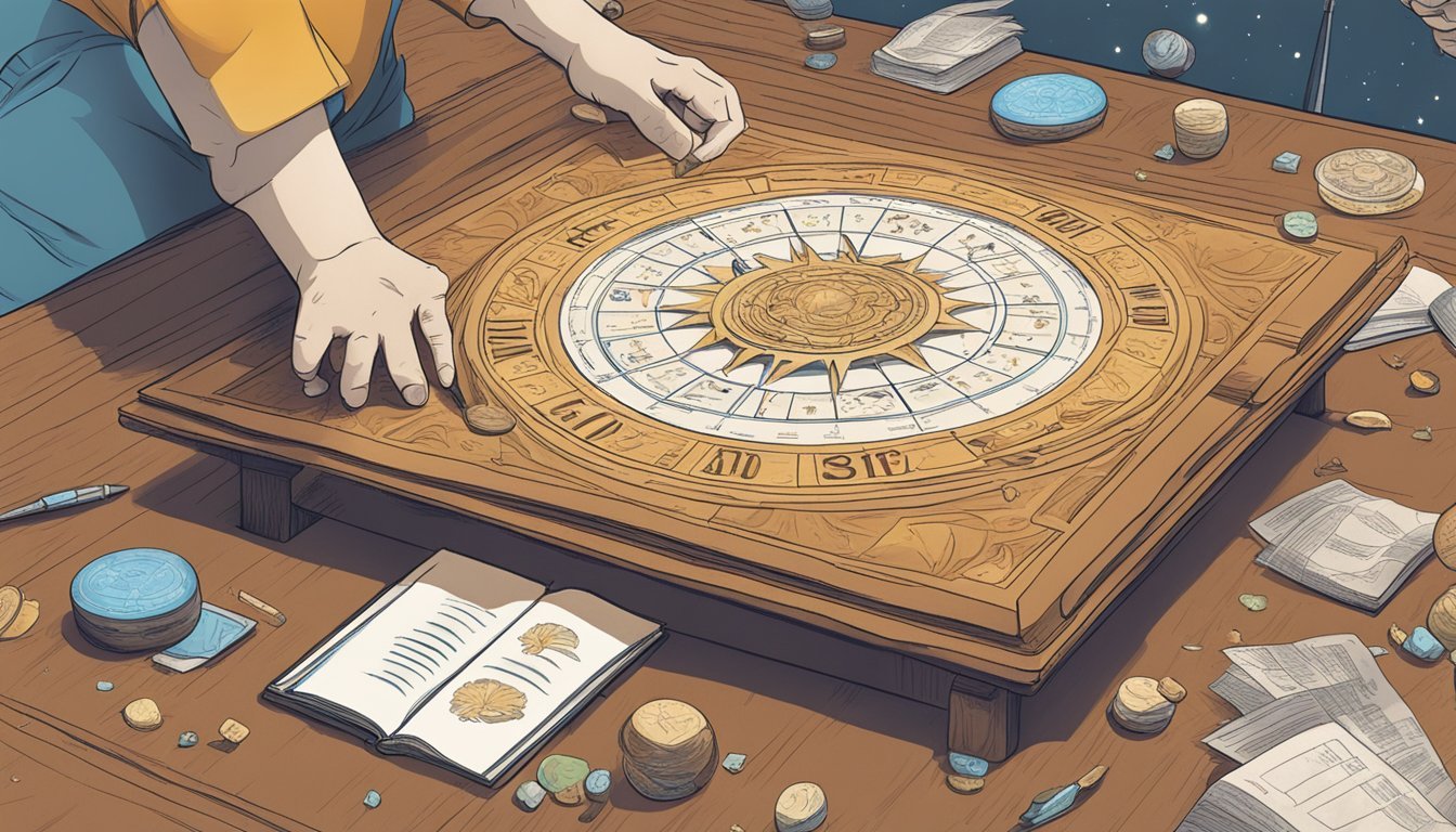 Person examining intricate astrolabe on cluttered desk.