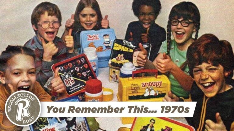 1970s children showcasing classic lunchboxes and toys