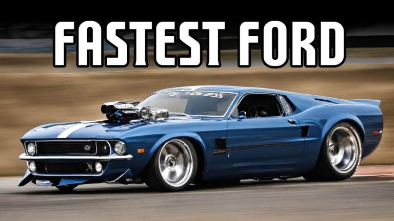 Blue modified vintage Ford Mustang racing on track