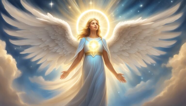 Angel with glowing halo and wings in sky