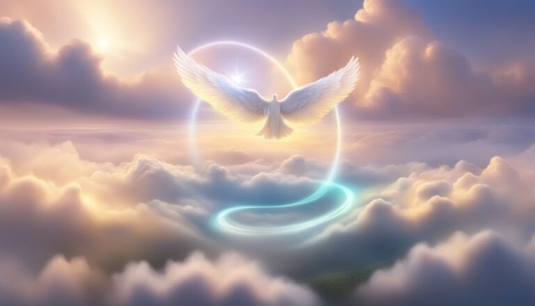 Dove flying through clouds with glowing halo