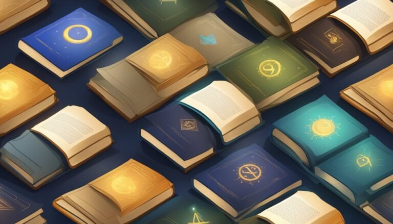 Illustration of various mystical books with glowing symbols