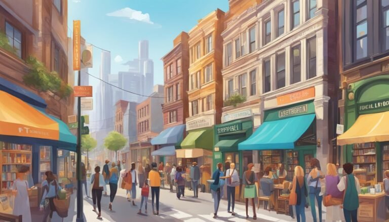 Animated bustling city street with diverse pedestrians shopping