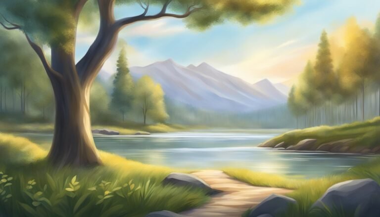 Serene landscape with river, mountains, and lush trees