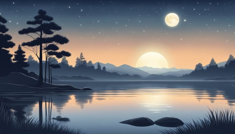 Tranquil lake with trees under starry sky and full moon