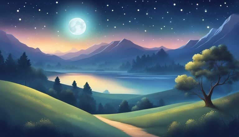 Moonlit night over serene mountain landscape with lake