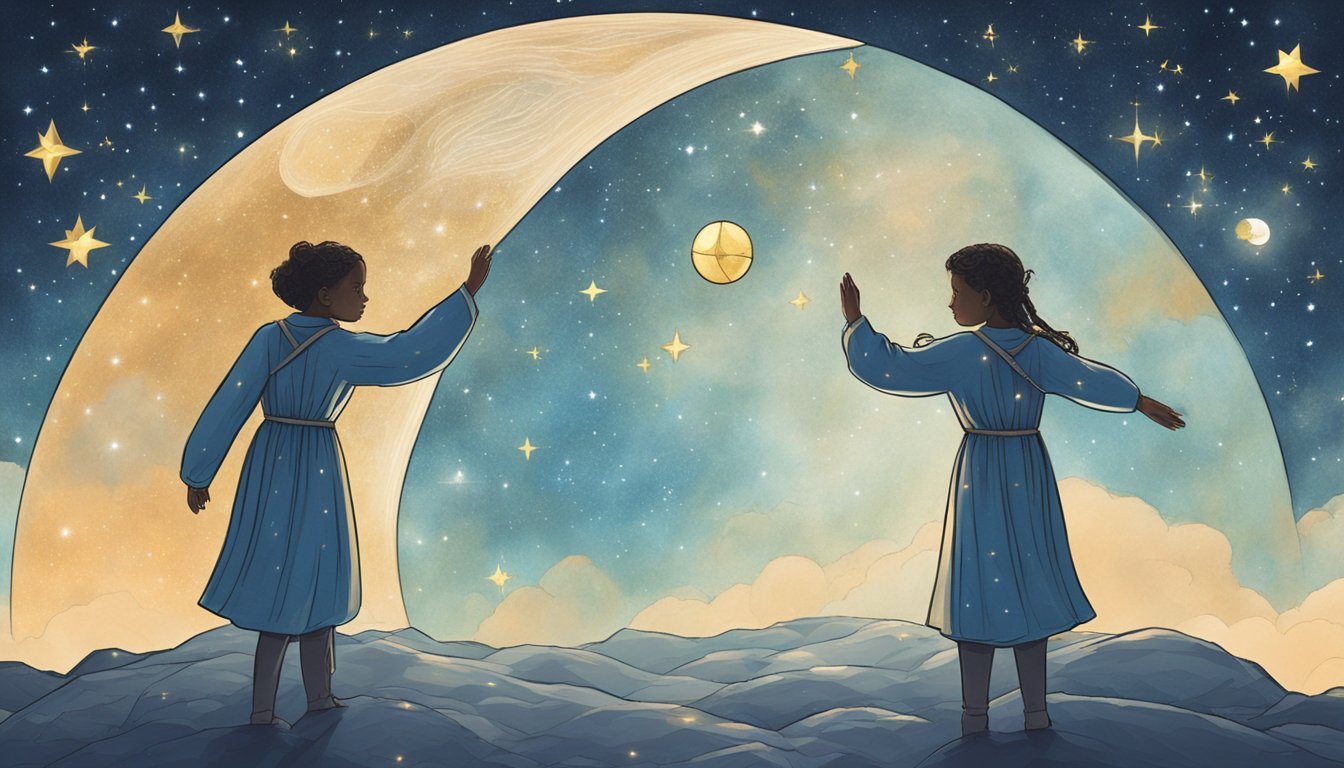 Children reaching for stars under a large crescent moon