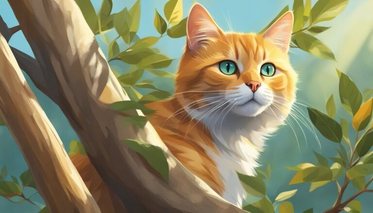 Orange tabby cat in tree with lush green leaves